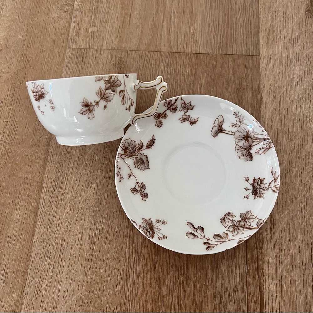 Antique T&V France Limoges Hand Painted Tea Cup & Saucer Protruded Brown Flowers